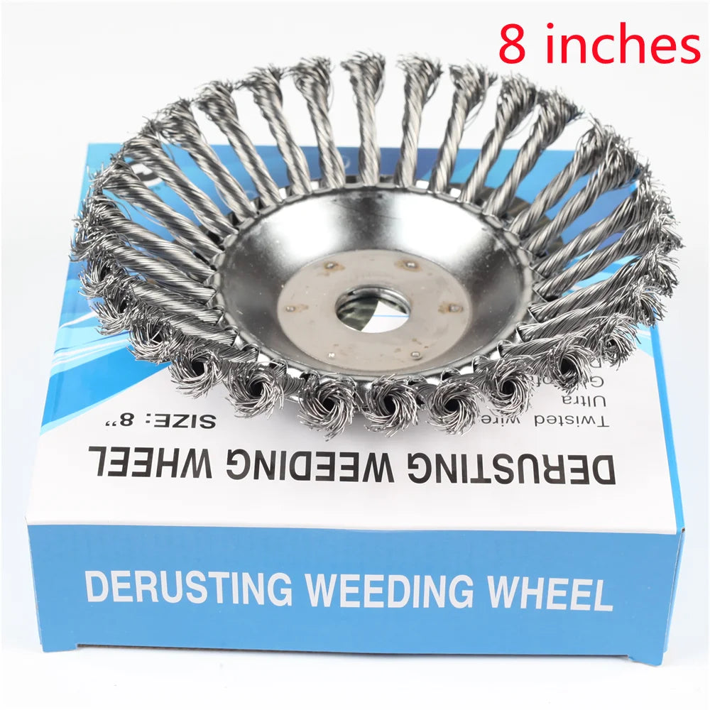 An 8 inch derusting weeding wheel made of twisted wire for gardening tools.