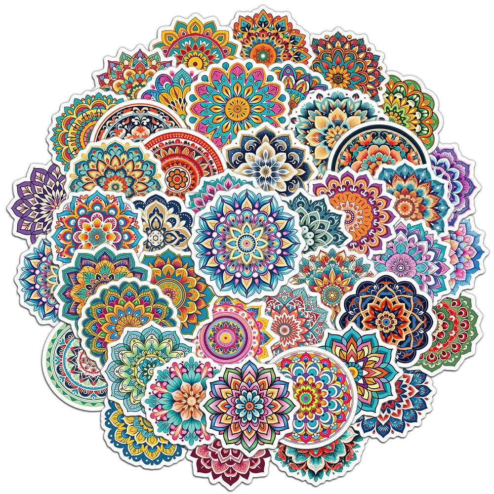 A vibrant collection of colorful mandala and graffiti stickers for DIY phone cases and accessories.