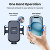 A hand demonstrates the one-hand operation of a phone mount, showing quick release and fast clamp features.