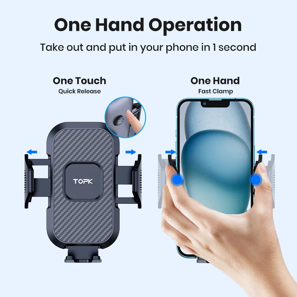 A hand demonstrates the one-hand operation of a phone mount, showing quick release and fast clamp features.