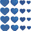 A collection of 24 blue embroidered heart iron-on patches in various sizes.