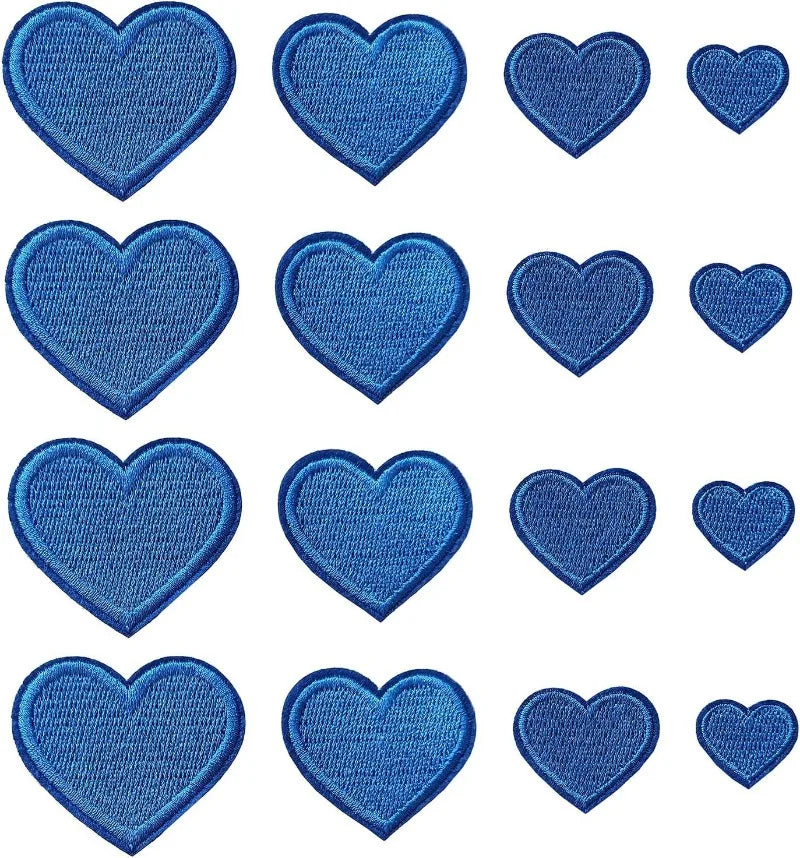 A collection of 24 blue embroidered heart iron-on patches in various sizes.
