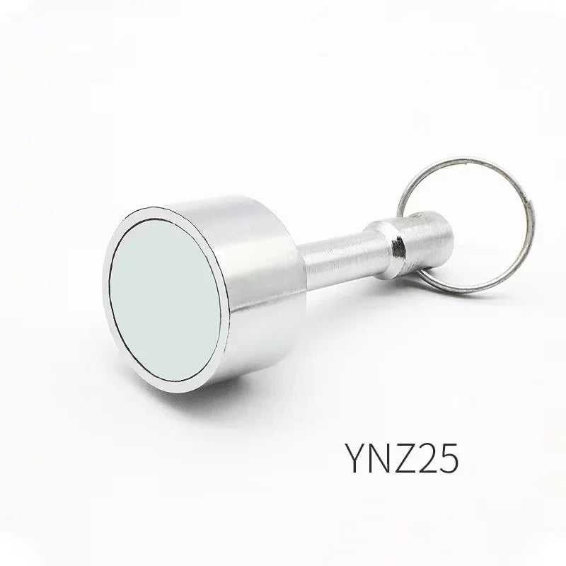 Silver neodymium magnet keychain with a round disc and detachable circular clasp.