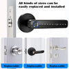 A black smart fingerprint door handle lock is shown in various installation contexts, demonstrating its replaceable and insta