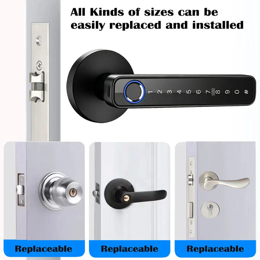 A black smart fingerprint door handle lock is shown in various installation contexts, demonstrating its replaceable and insta