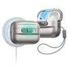 A silver AirPods Pro 3 case with a magnetic lock is shown open, displaying the charging components and protective features.