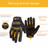 A pair of black work gloves featuring elastic material, leather fingertips, and a touchscreen design.