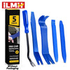 A set of five blue plastic tools for car trim removal and fastener removal is shown in a black box.