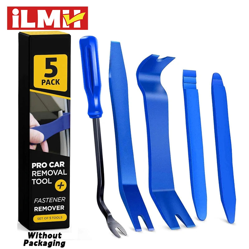 A set of five blue plastic tools for car trim removal and fastener removal is shown in a black box.