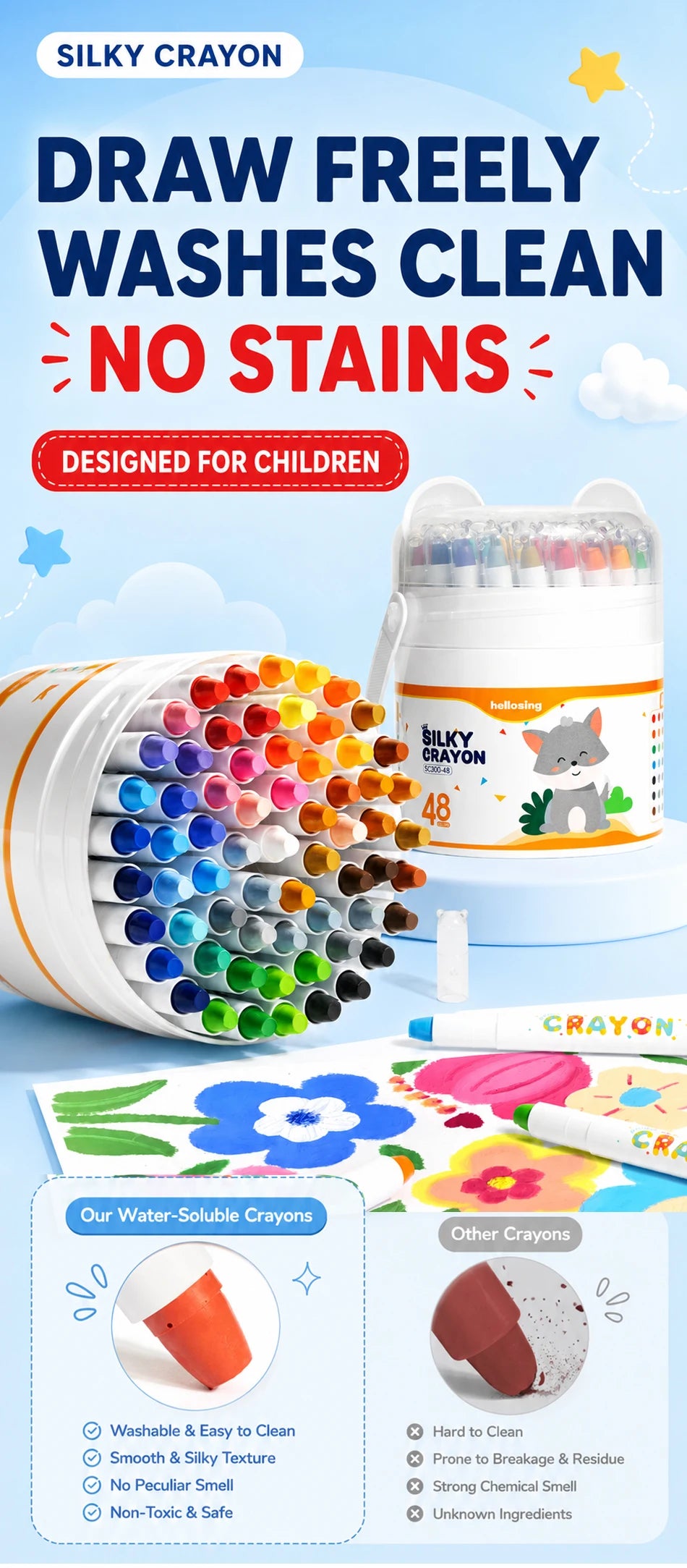 A set of silky crayon twist-up crayons with a white container and a yellow star, demonstrating they wash clean and are design