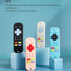 Three silicone baby teether toys in black, white, and blue with remote control shapes displayed on light blue cubes.