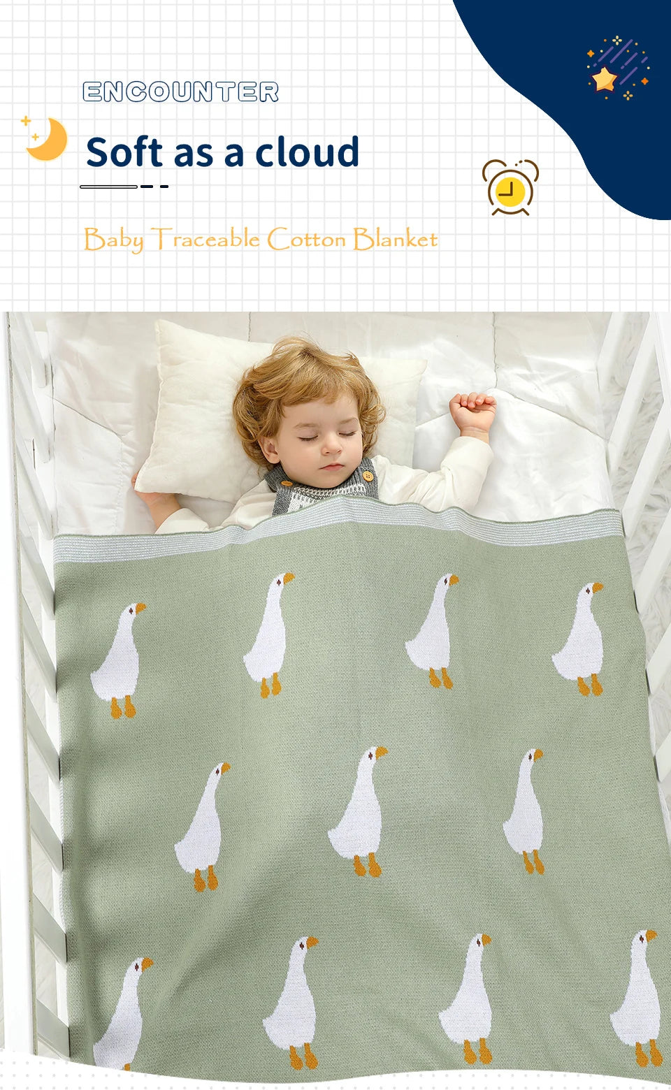 A soft, light green cotton blanket featuring a repeating pattern of white birds on a white background.