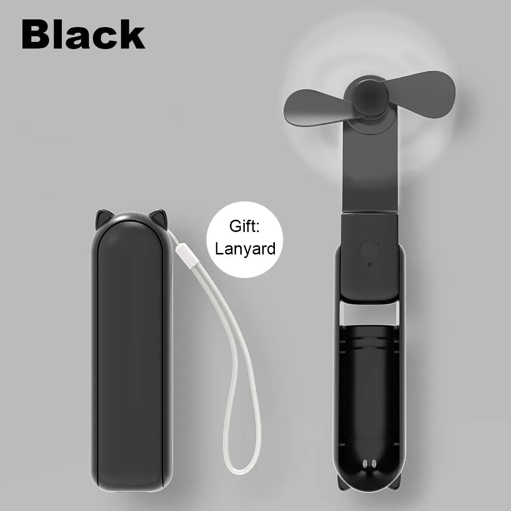 A black mini foldable USB rechargeable handheld fan with a lanyard attached.