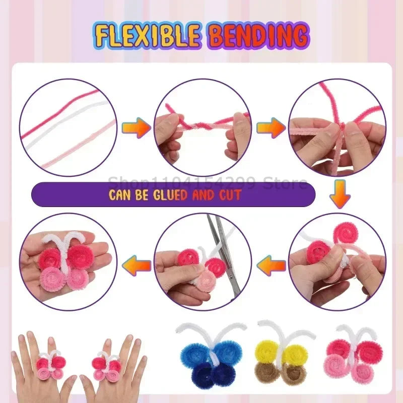 Paille de chenille colorée pour enfants, montrant les capacités de torsion et de collage