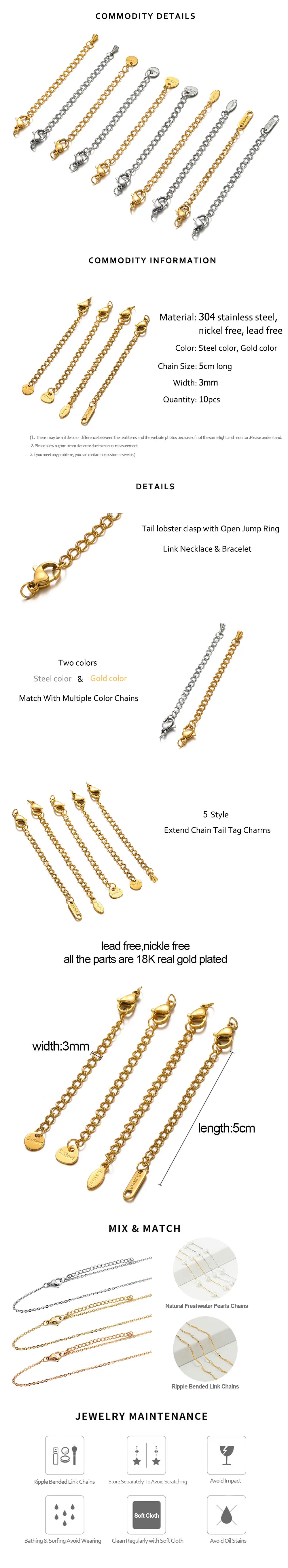 Stainless Steel Extension Chains with Lobster Clasps for Jewelry Making (10-Pack)