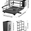 Black 2-tier kitchen countertop drying rack with an auto-draining tray and separate storage box.