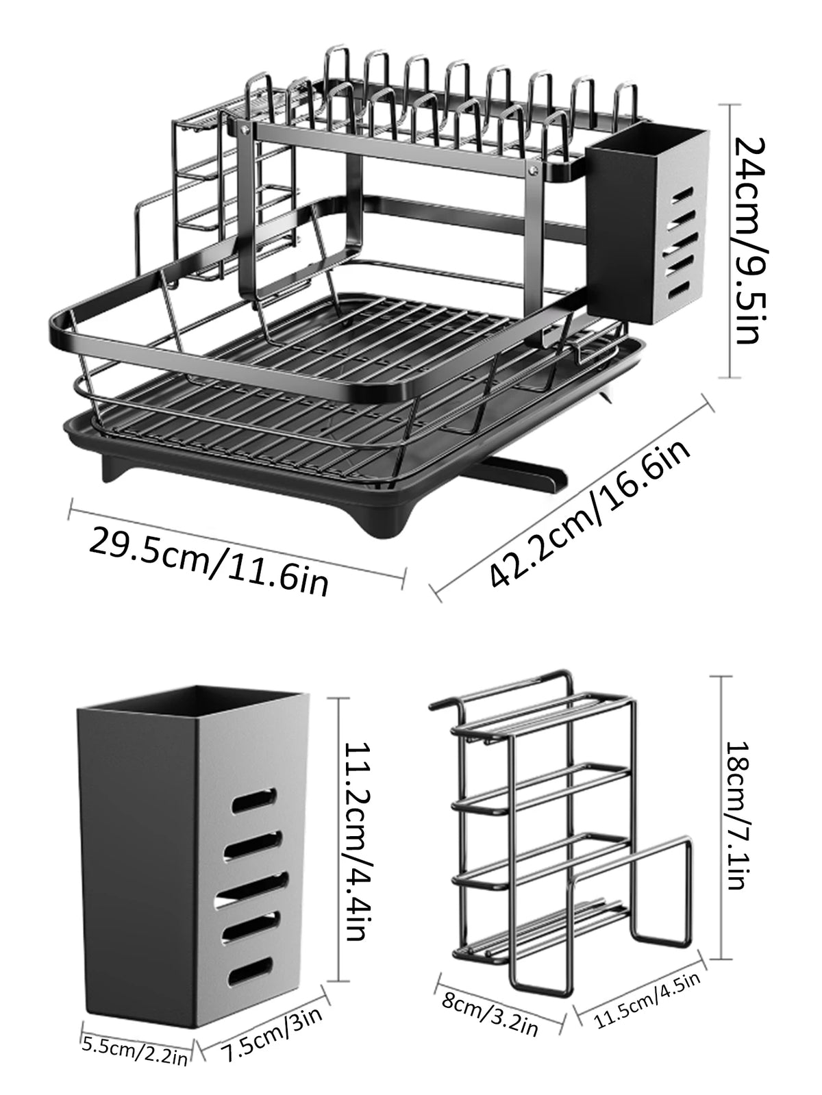 Black 2-tier kitchen countertop drying rack with an auto-draining tray and separate storage box.