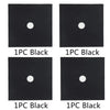 Four individual black silicone stove burner mats, each featuring a circular hole.