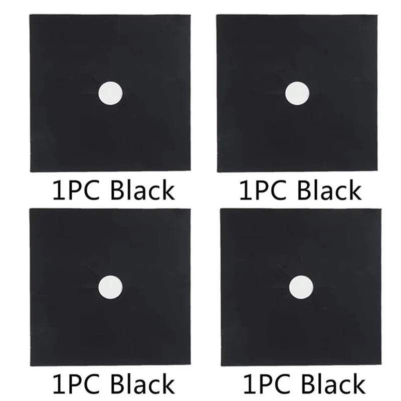 Four individual black silicone stove burner mats, each featuring a circular hole.