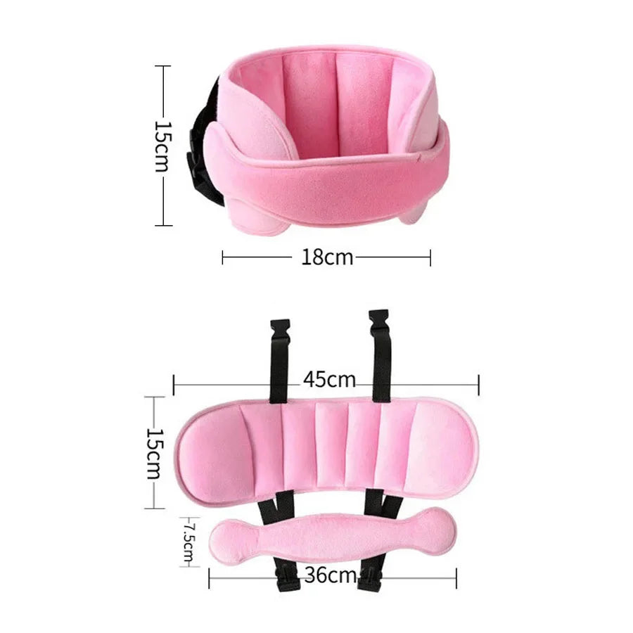 Pink car seat head support strap with a padded insert and adjustable strap.