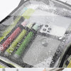 A transparent waterproof shoulder bag with a zipper is shown, featuring various pens and stationery inside.
