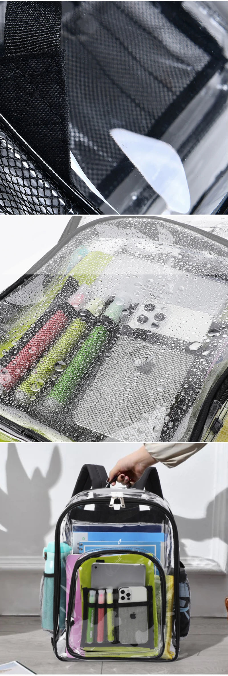A transparent waterproof shoulder bag with a zipper is shown, featuring various pens and stationery inside.