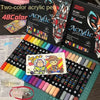 A collection of dual-tip acrylic paint markers in various colors and packaging for art and craft.
