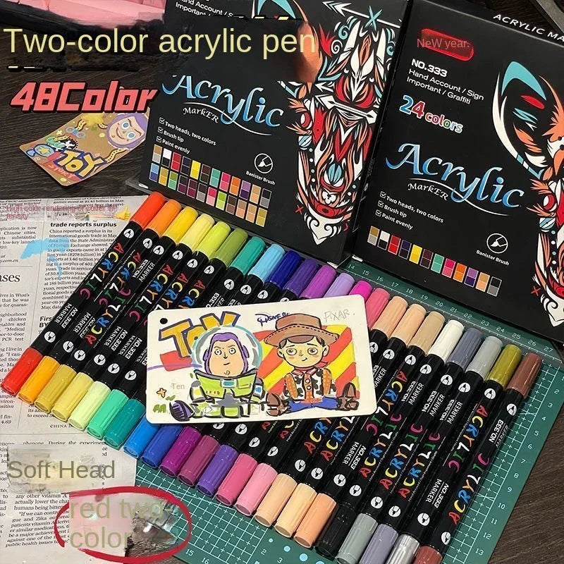 A collection of dual-tip acrylic paint markers in various colors and packaging for art and craft.