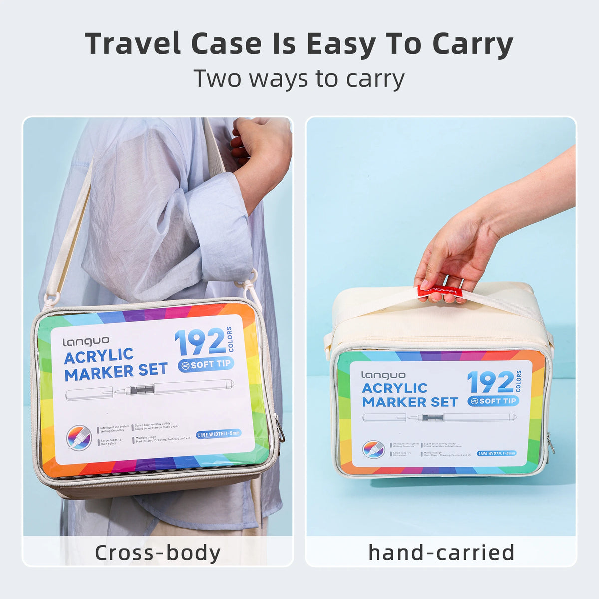 Two ways to carry a Lanquo acrylic marker set, shown in cross-body and hand-carried styles.