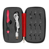 A black storage case holds a rechargeable LED crochet hook set with nine interchangeable heads.