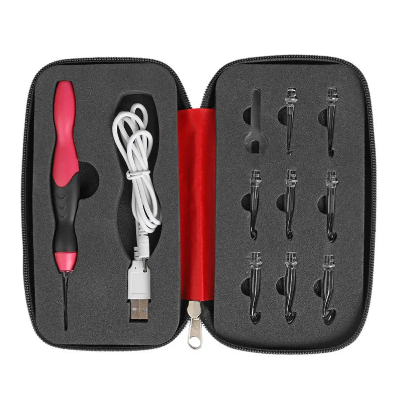 A black storage case holds a rechargeable LED crochet hook set with nine interchangeable heads.