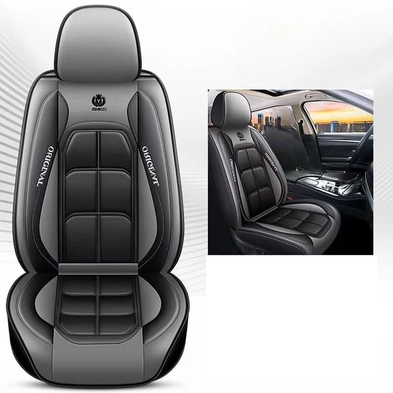 A black universal car seat cover with stitched design shown in a studio setting and inside a vehicle.