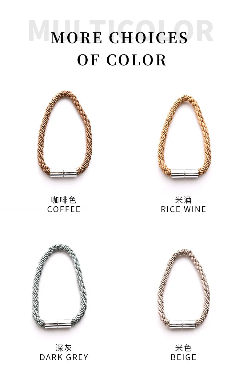 Two sets of magnetic curtain tiebacks with rope buckle clasps in coffee, rice wine, dark grey, and beige colors.