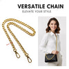 Gold metal chain strap for a handbag shown next to a woman wearing a white shirt
