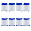 Four white cylindrical filters with blue caps and bases for a faucet water purifier