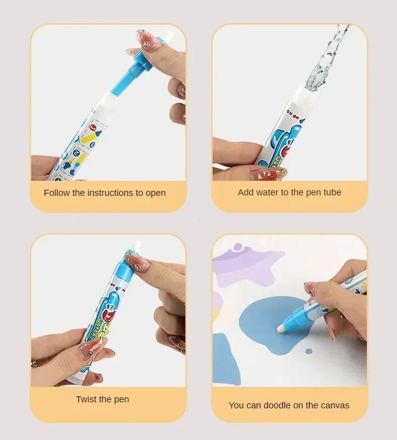 Instructions show how to open, fill, twist, and doodle on a reusable water drawing mat with magic pens.