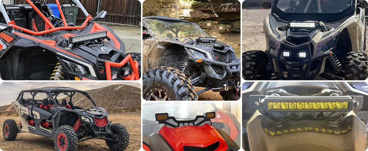 Various angles show billet aluminum light bar mounting brackets and components for a Can-Am Maverick X3 vehicle.