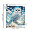 A diamond painting kit featuring a detailed owl with blue and silver feathers set against a snowy, blue background.