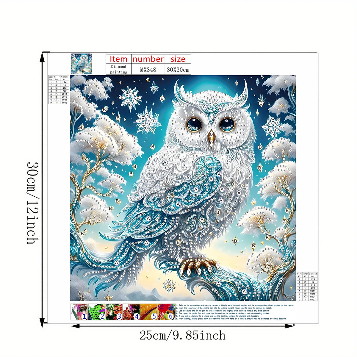 A diamond painting kit featuring a detailed owl with blue and silver feathers set against a snowy, blue background.
