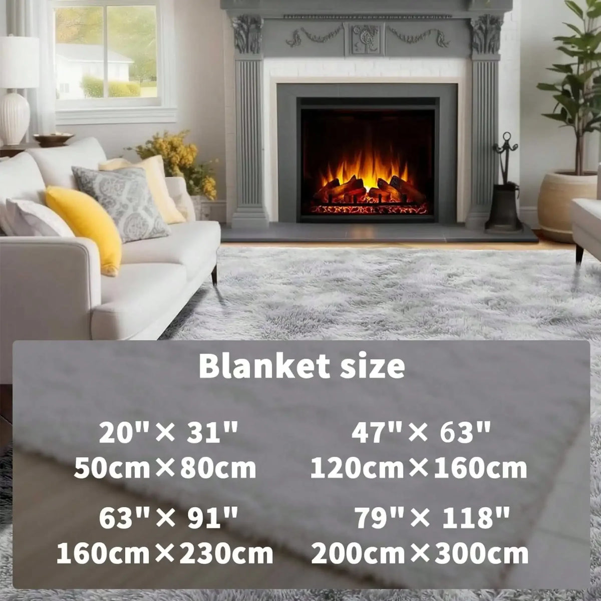 Ein flauschiger, langfloriger Teppich wird in einem modernen Wohnzimmer mit Kamin und grauem Teppich präsentiert.