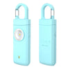 A light blue compact USB rechargeable LED security light with a handle and alarm feature.