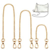 Gold metal chain strap for a bag and purse shown alongside a small white leather pouch