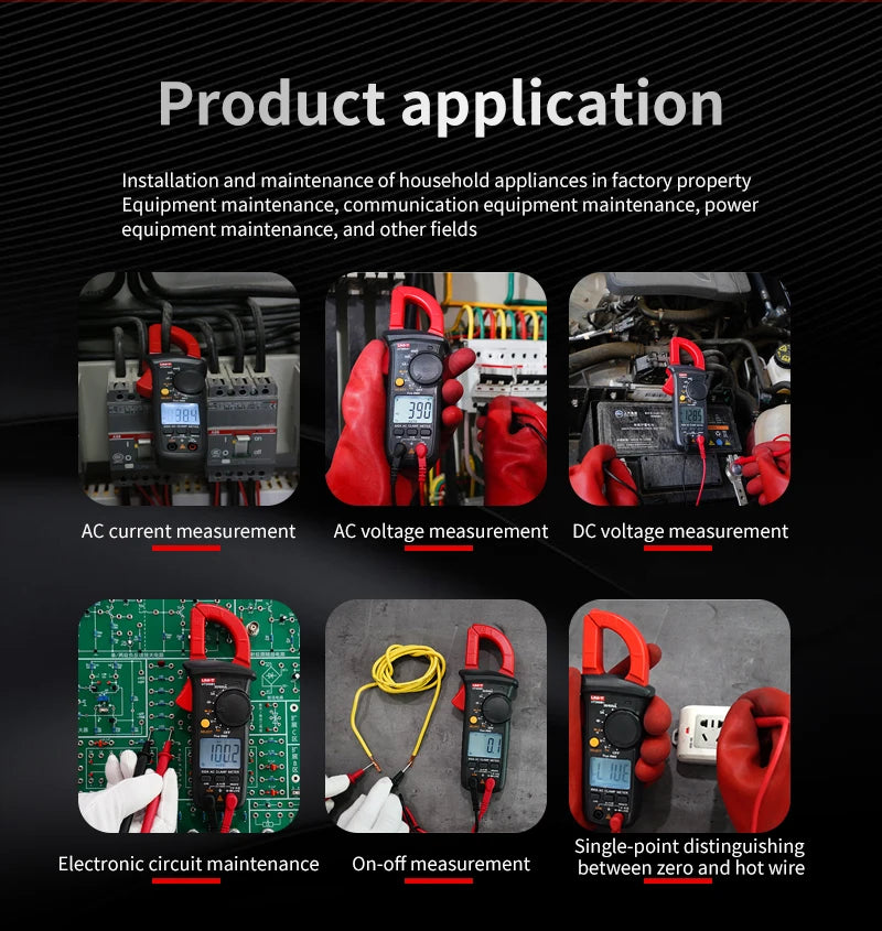 A collection of digital clamp meters used for AC/DC current and voltage measurement, showing various applications like mainte