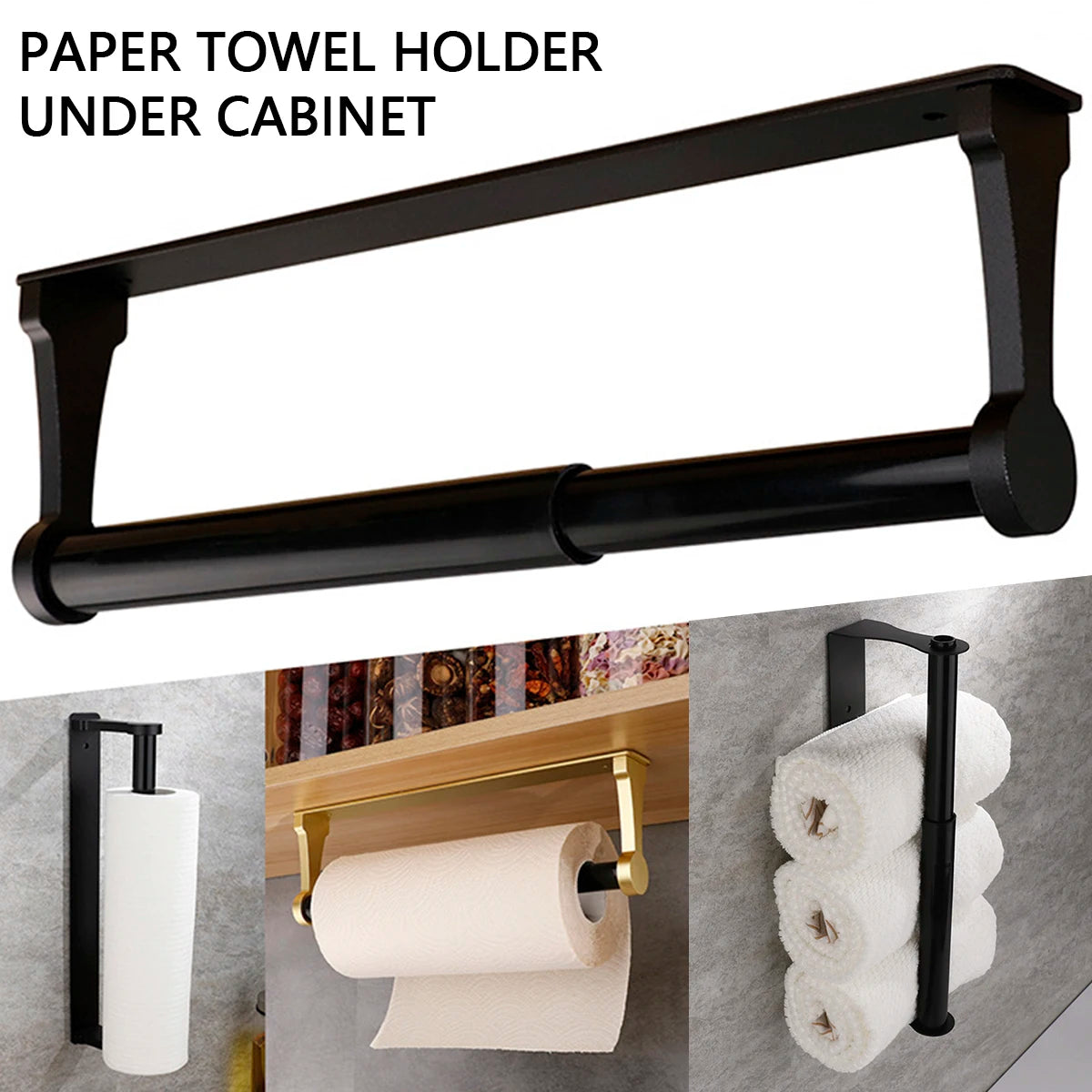 Black under cabinet paper towel holder designed to hold rolls of paper towels.