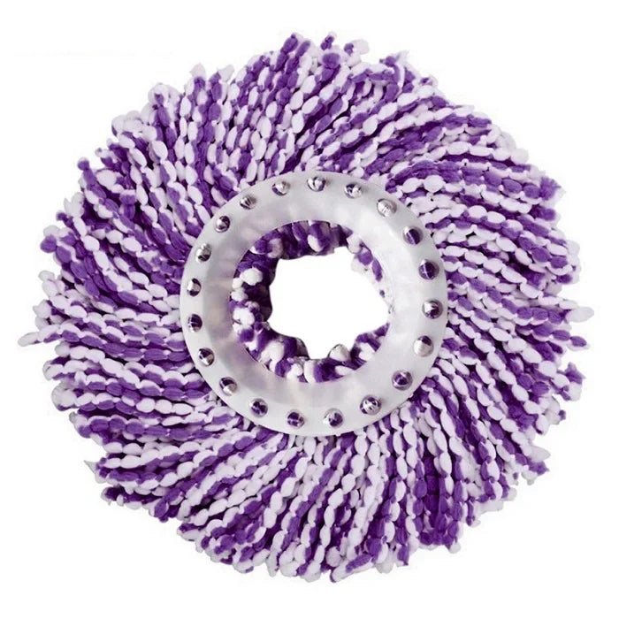 A pair of purple and white microfiber spinning mop heads for cleaning.