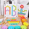 A collection of colorful wooden bead maze puzzles and stacking toys for toddlers.