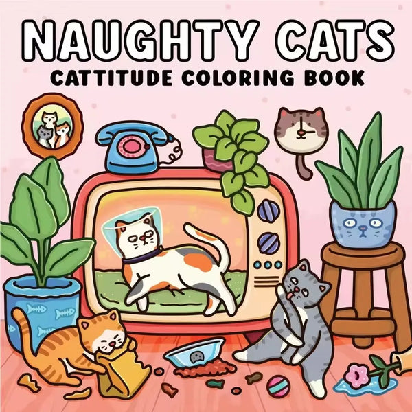 A coloring book featuring cartoon cats in various poses and scenes.