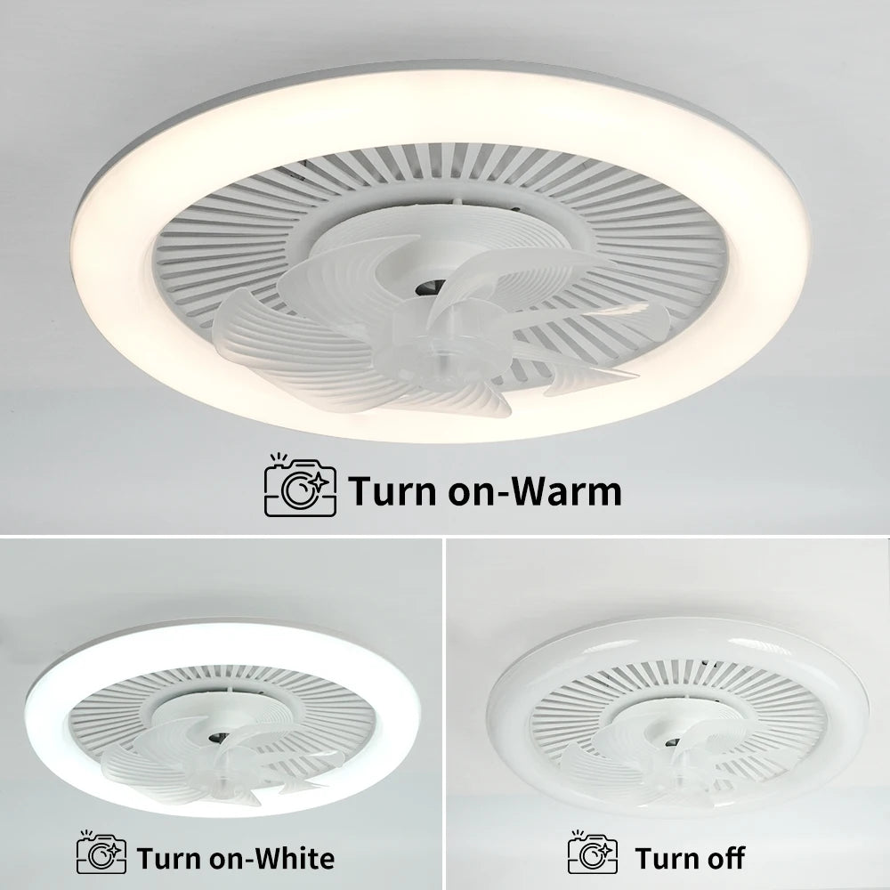Modern LED ceiling fan shown in three states: on-warm, on-white, and off.