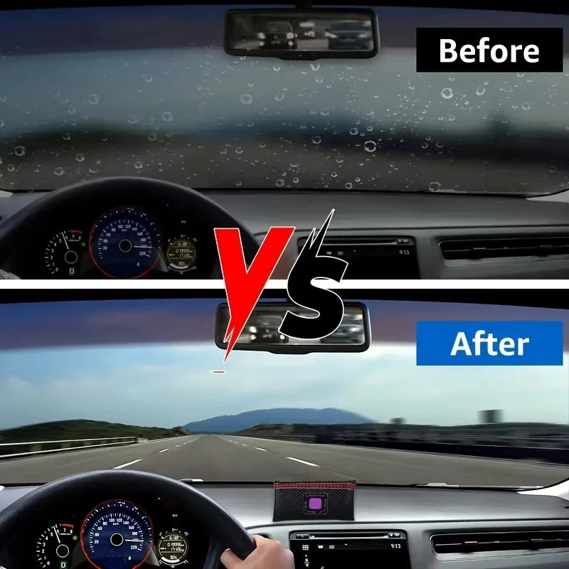 Before and after comparison of a car dehumidifier bag showing improved visibility and humidity control.