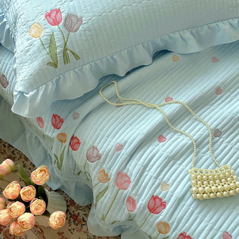 Embroidered Tulip Coverlet Set with Pillow Shams